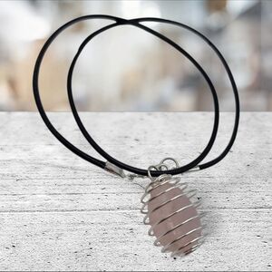 Handmade Rose Quartz Stone Pendant in Silver Spiral Cage Necklace